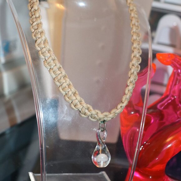 Glass White Mushroom Pendant Hemp Choker Necklace with Loop & Knot Closure - Picture 1 of 5